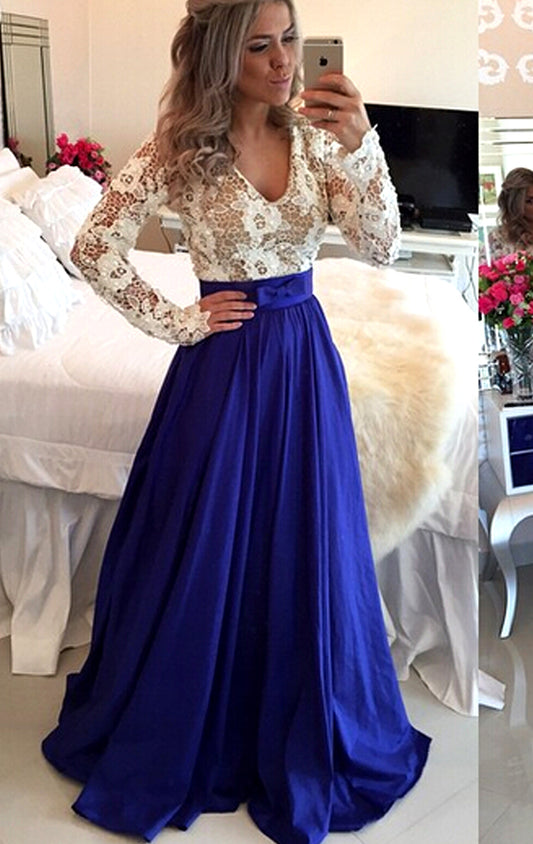 Vestido de fiesta largo de gasa con encaje y mangas largas con escote en V de MACloth, vestido de noche formal azul real