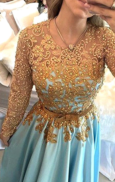 MACloth Long Sleeves Gold Lace Satin Prom Dress Sky Blue Formal Evening Gown