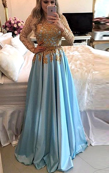 MACloth Long Sleeves Gold Lace Satin Prom Dress Sky Blue Formal Evening Gown