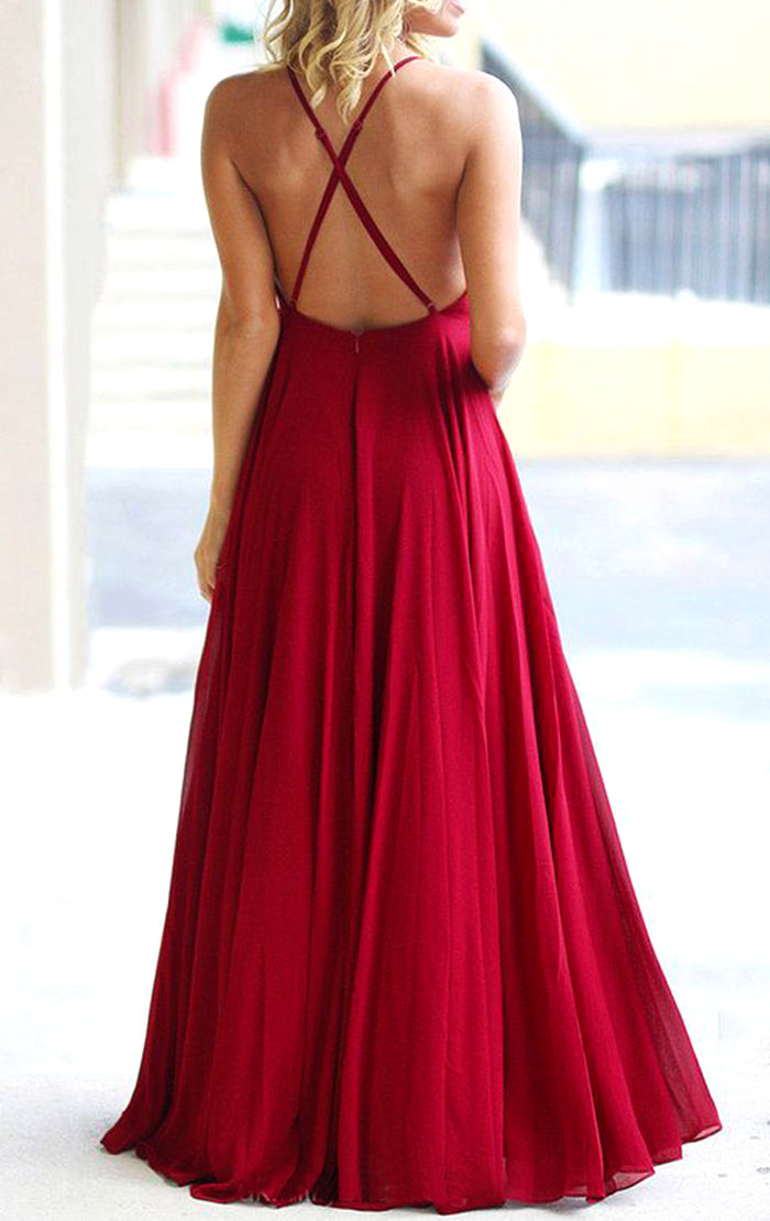 Vestido de fiesta largo de gasa con escote halter y espalda abierta de MACloth, vestido de noche formal rojo 10724