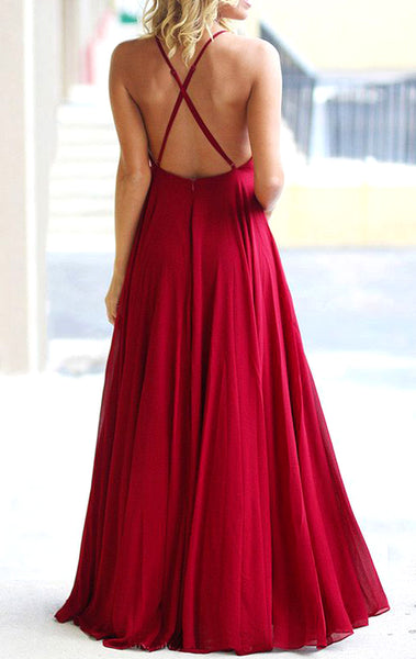MACloth Halter Chiffon Long Prom Dress with Open Back Red Formal Evening Gown 10724