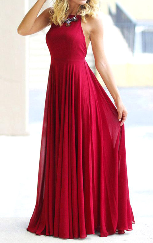 Vestido de fiesta largo de gasa con escote halter y espalda abierta de MACloth, vestido de noche formal rojo 10724