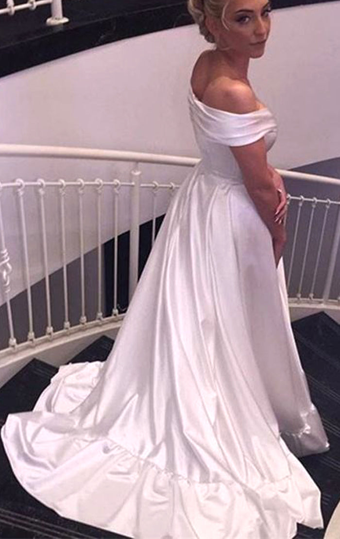 Vestido de fiesta largo de satén con hombros descubiertos de MACloth, vestido de noche formal color marfil 10725