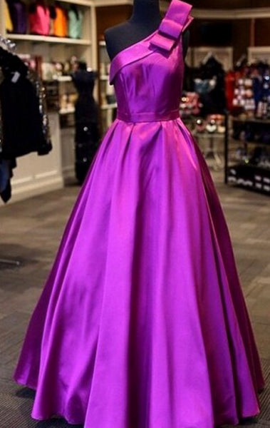 MACloth One Shoulder Satin Ball Gown Prom Dress Fuchsia Formal Evening Gown