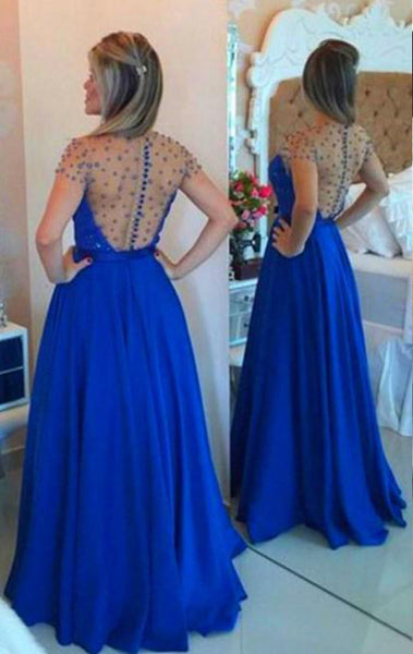 MACloth Short Sleeves Illusion Long Prom Dress Royal Blue Formal Evening Gown