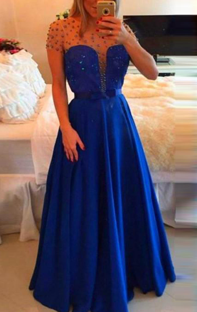 MACloth Short Sleeves Illusion Long Prom Dress Royal Blue Formal Evening Gown