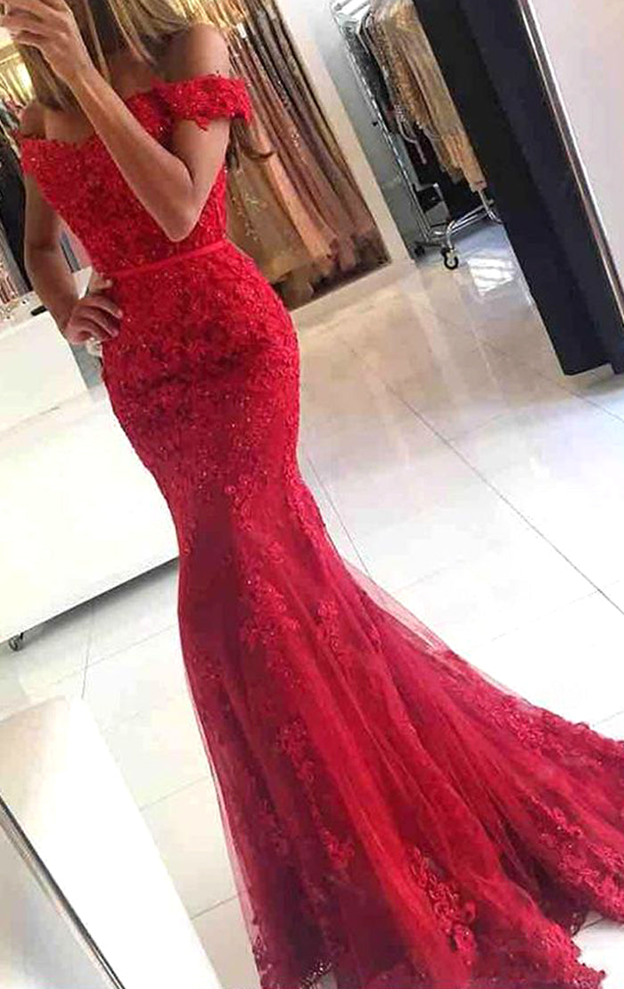 Vestido de fiesta largo de encaje con hombros descubiertos y corte sirena de MACloth, vestido de noche formal rojo