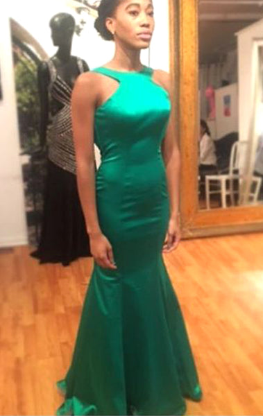 MACloth Mermaid Halter Satin Long Prom Dress Green Formal Evening Gown