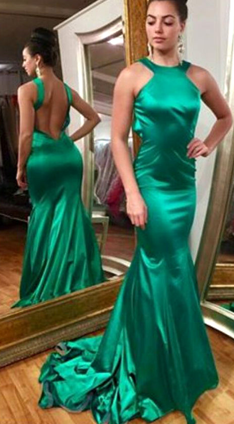 MACloth Mermaid Halter Satin Long Prom Dress Green Formal Evening Gown