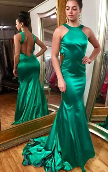 MACloth Mermaid Halter Satin Long Prom Dress Green Formal Evening Gown