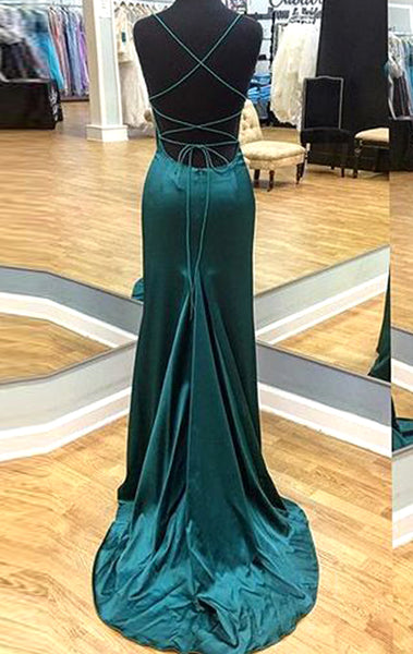 MACloth Halter Mermaid Satin Long Prom Dress Burgundy / Dark Green Formal Evening Gown