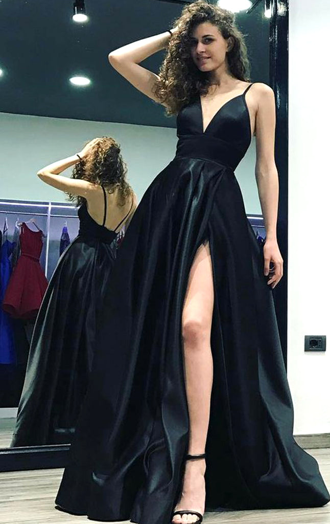 MACloth Straps Deep V neck Satin Long Prom Dress Black Formal Evening Gown