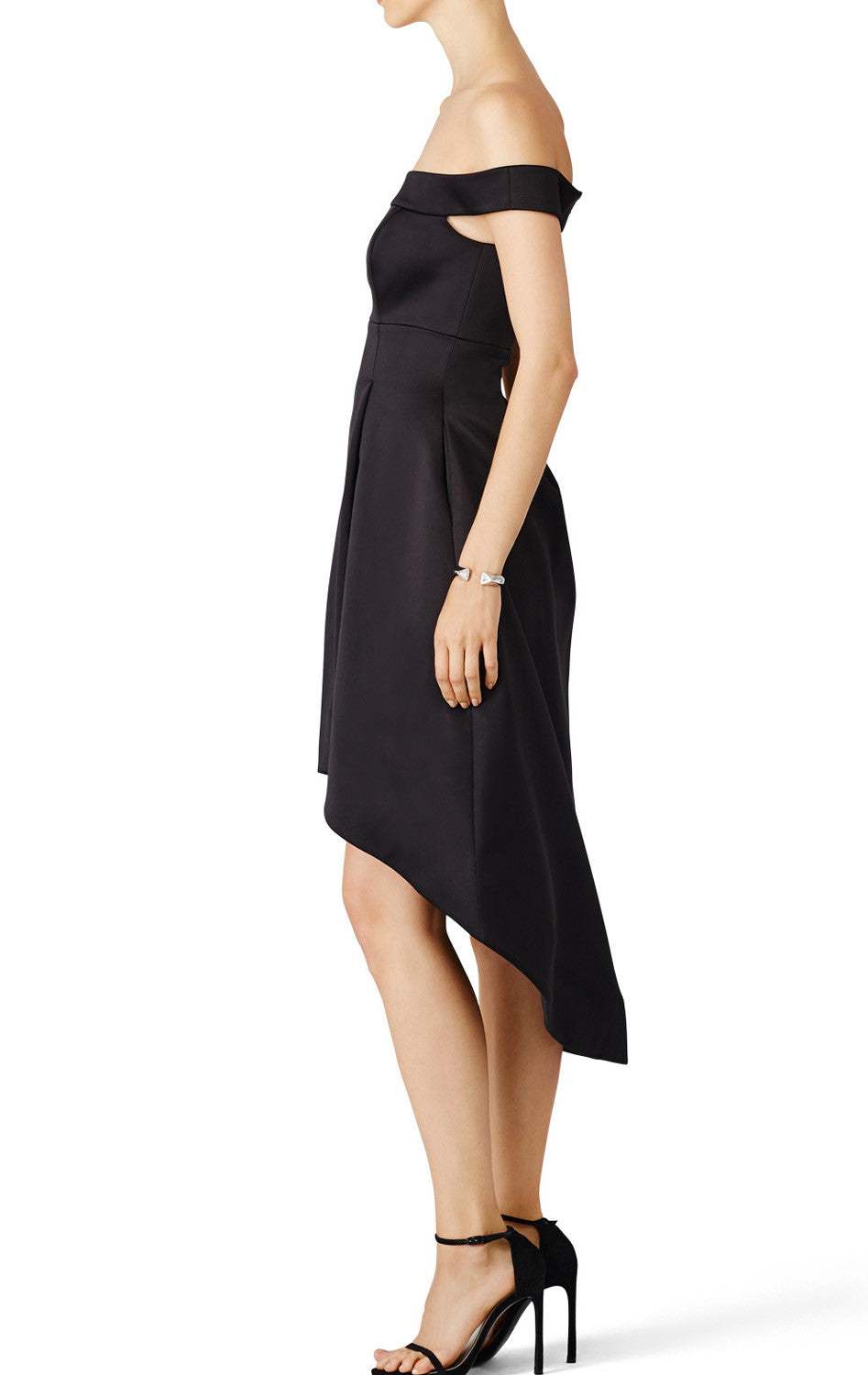 MACloth Schulterfreies Satin Hi-Lo Ballkleid Schwarzes Cocktailpartykleid