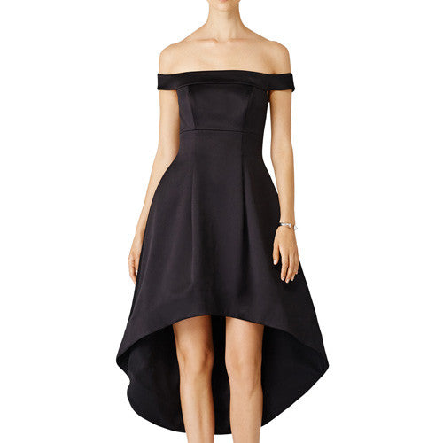 MACloth Schulterfreies Satin Hi-Lo Ballkleid Schwarzes Cocktailpartykleid