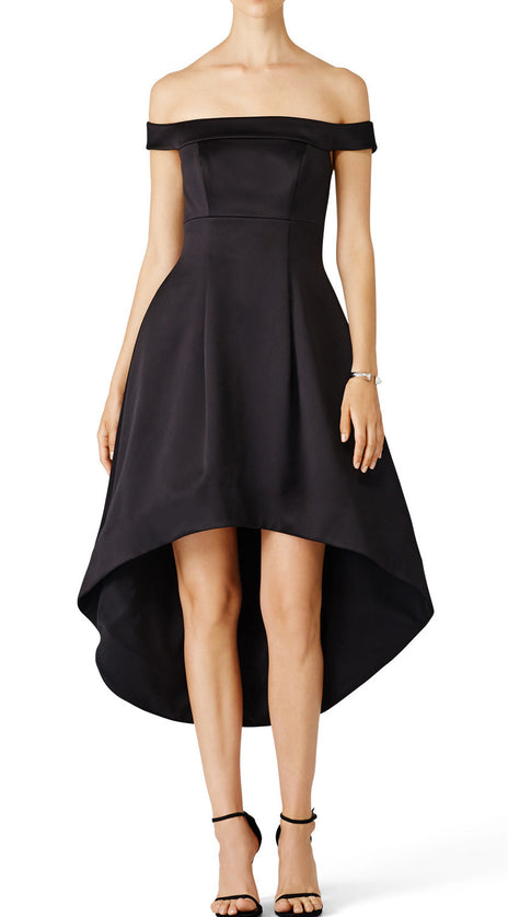 MACloth Off the Shoulder Satin Hi-Lo Prom Dress Black Cocktail Party Dress