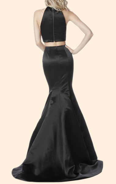 MACloth Mermaid Two Piece Satin Long Prom Dress Green Formal Evening Gown