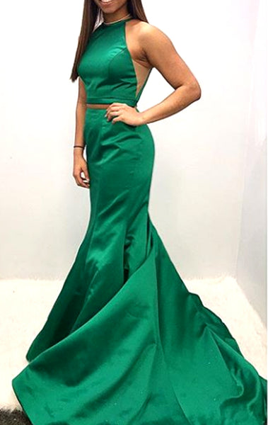 MACloth Mermaid Two Piece Satin Long Prom Dress Green Formal Evening Gown