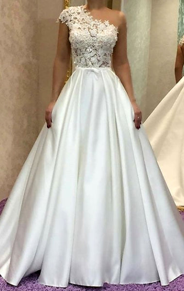 MACloth One Shoulder Long Ivory Prom Dress Elegant Formal Evening Gown 10735