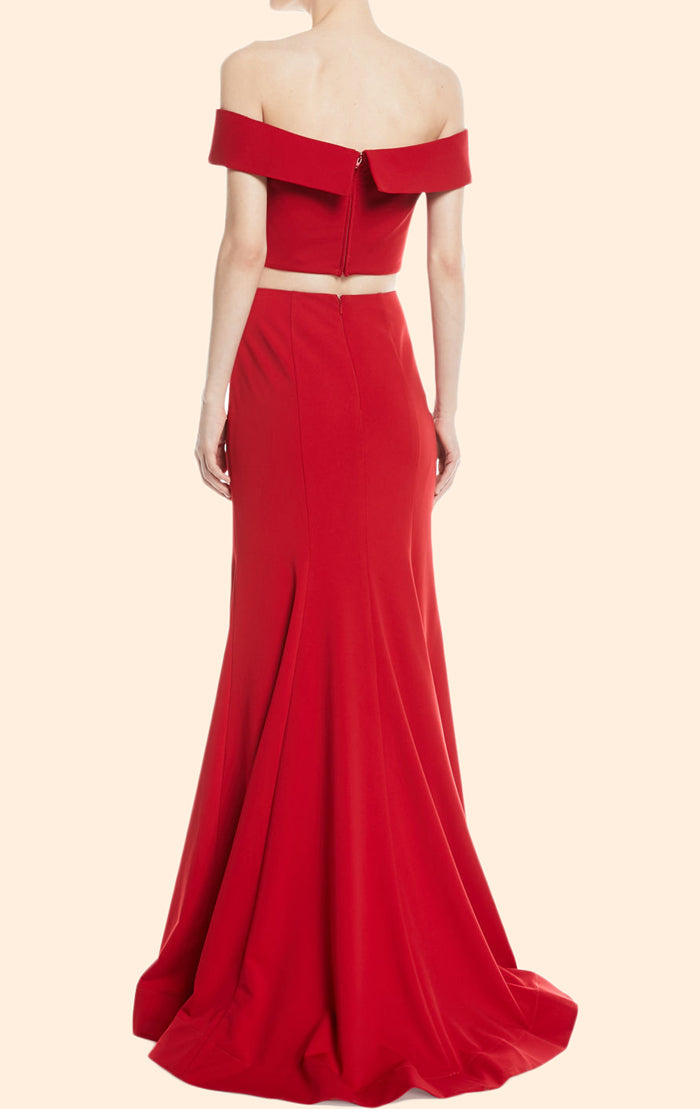 Vestido de fiesta elegante de dos piezas con hombros descubiertos y corte sirena de MACloth en color rojo 10736