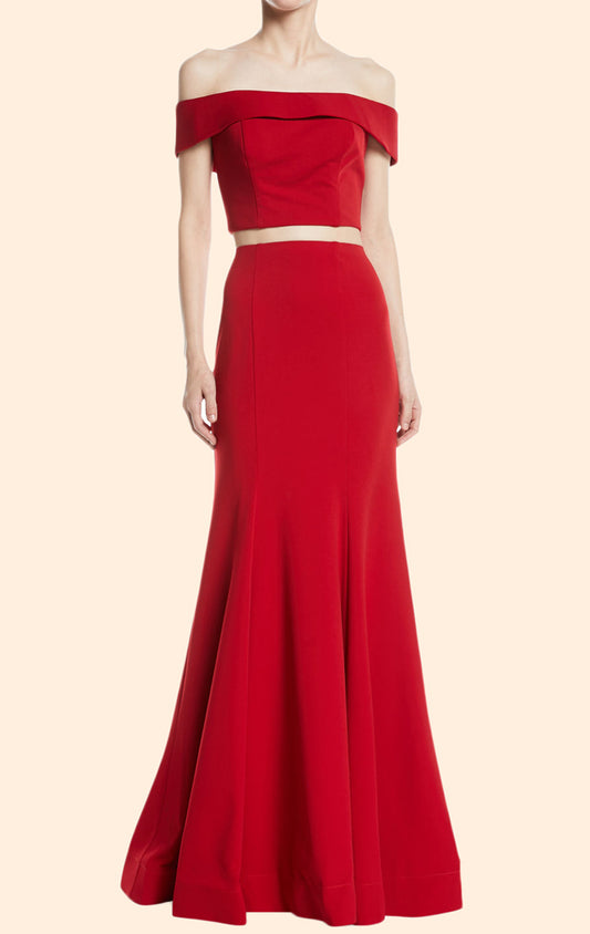 Vestido de fiesta elegante de dos piezas con hombros descubiertos y corte sirena de MACloth en color rojo 10736