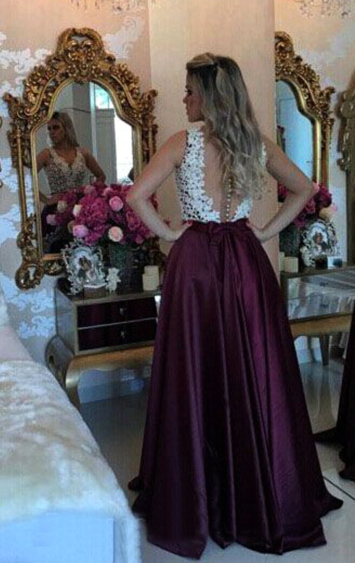 MACloth V Neck Lace Chiffon Long Prom Dress Plum Formal Evening Gown Plum / Above Knee / US10 MACloth V Neck Lace Chiffon Long Prom Dress Plum Formal Evening Gown Plum / Above Knee / US10