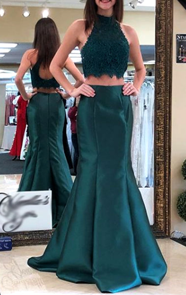 MACloth Mermaid High Neck Lace Satin Long Prom Dress Teal Formal Evening Gown
