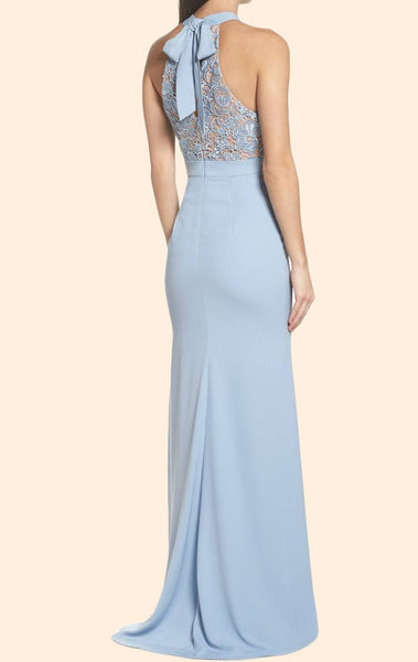 MACloth Mermaid Halter Lace Jersey Long Prom Dress Sky Blue Formal Evening Gown
