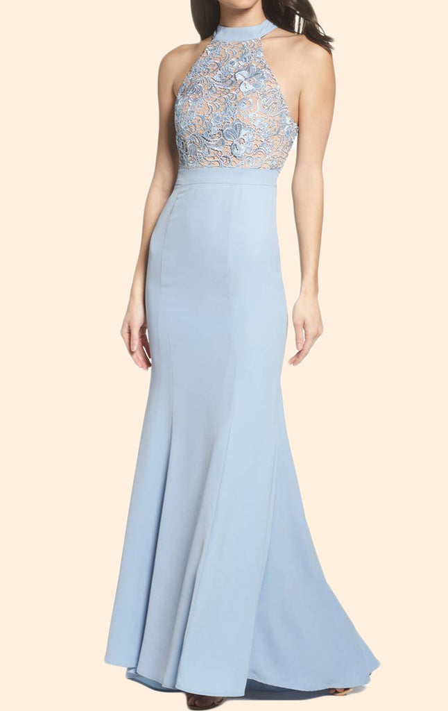 MACloth Mermaid Halter Lace Jersey Long Prom Dress Sky Blue Formal Evening Gown