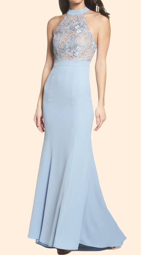 MACloth Mermaid Halter Lace Jersey Long Prom Dress Sky Blue Formal Evening Gown