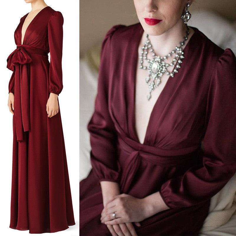 Vestido de noche con escote en V y manga larga MACloth en color burdeos para madre de la novia