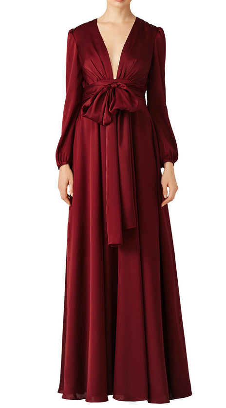 MACloth Long Sleeve V Neck Evening Gown Burgundy Mother of the Brides Dress