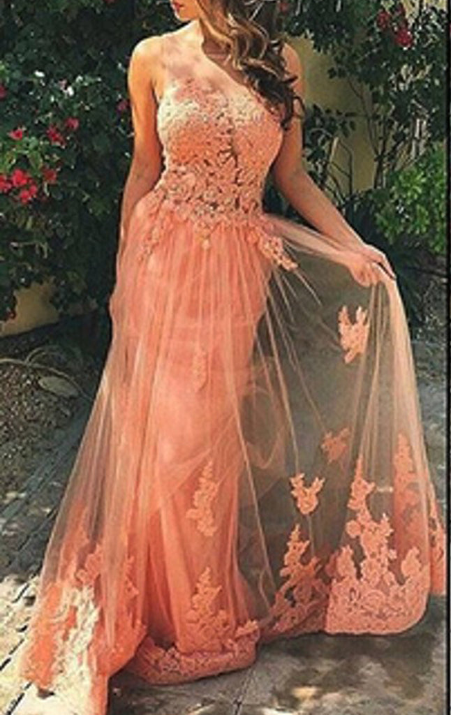 MACloth Illusion Lace Tulle Long Prom Dress Coral Formal Evening Gown
