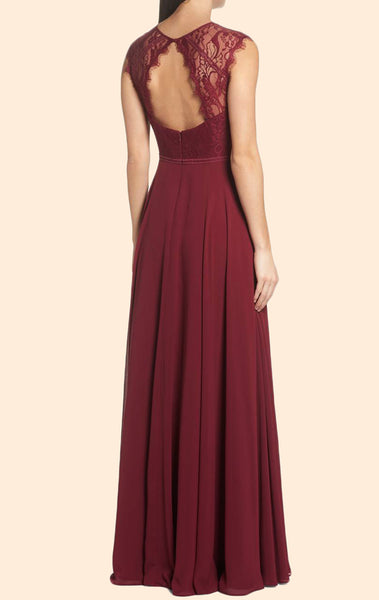 MACloth Cap Sleeves Lace Chiffon Long Prom Dress Burgundy Formal Evening Gown