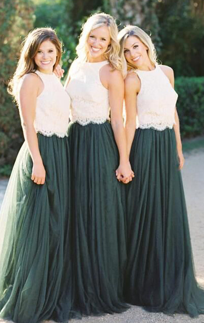 MACloth Two Piece Lace Tulle Simple Prom Dress Dark Green Long Bridesmaid Gown