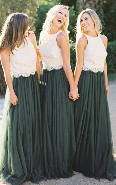 MACloth Two Piece Lace Tulle Simple Prom Dress Dark Green Long Bridesmaid Gown