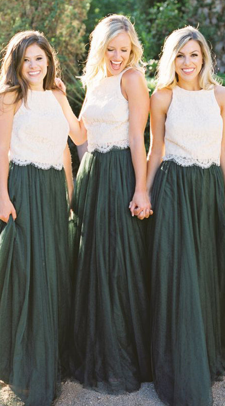 MACloth Two Piece Lace Tulle Simple Prom Dress Dark Green Long Bridesmaid Gown