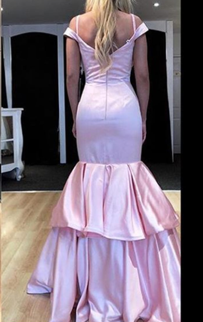 MACloth Schulterfreies, langes Ballkleid mit Stufendesign, Rosa, formelles Abendkleid 10745