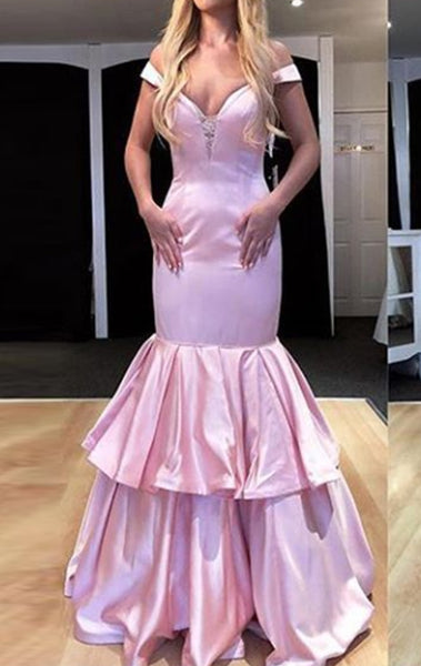 MACloth Off the Shoulder Tiered Long Prom Dress Pink Formal Evening Gown 10745