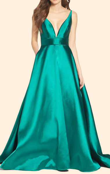 MACloth Deep V Neck Satin Long Prom Dress Green Formal Evening Gown