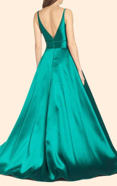 MACloth Deep V Neck Satin Long Prom Dress Green Formal Evening Gown