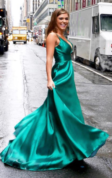 MACloth Deep V Neck Satin Long Prom Dress Green Formal Evening Gown