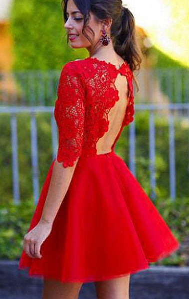 MACloth Half Sleeves Lace Satin Mini Prom Homecoming Dress Red Wedding Party Dress
