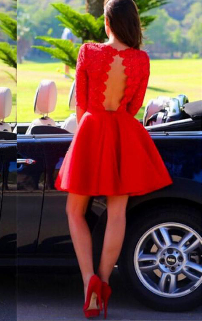 Vestido mini de satén con encaje y mangas cortas de MACloth para fiesta de graduación y regreso a casa, vestido rojo para fiesta de boda