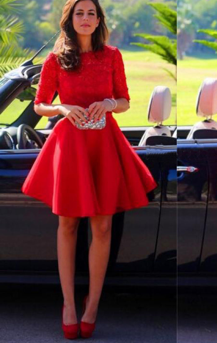 Vestido mini de satén con encaje y mangas cortas de MACloth para fiesta de graduación y regreso a casa, vestido rojo para fiesta de boda