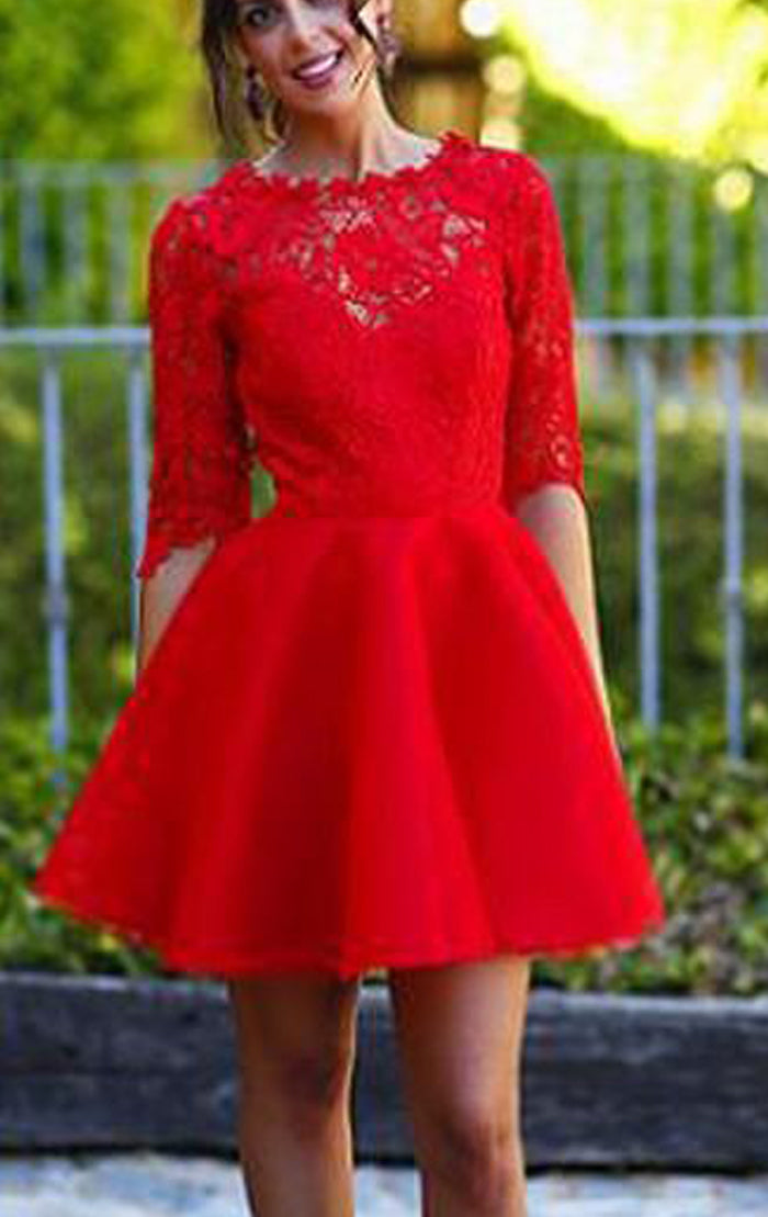 Vestido mini de satén con encaje y mangas cortas de MACloth para fiesta de graduación y regreso a casa, vestido rojo para fiesta de boda