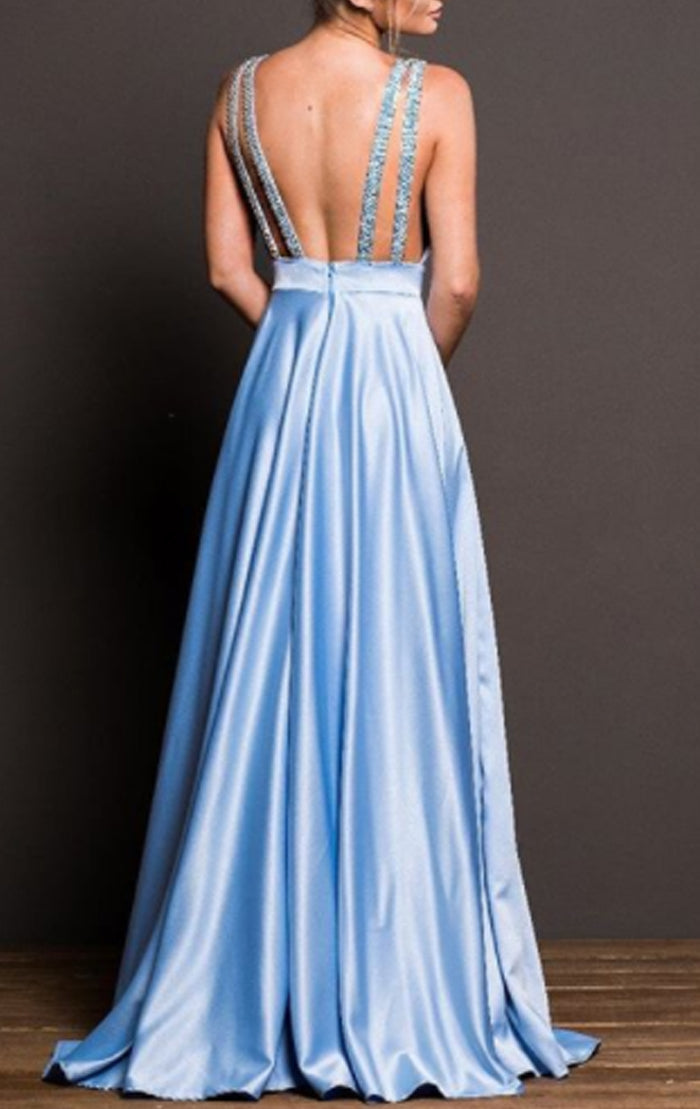 MACloth Deep V Neck Satin Long Prom Dress Sky Blue Formal Evening Gown