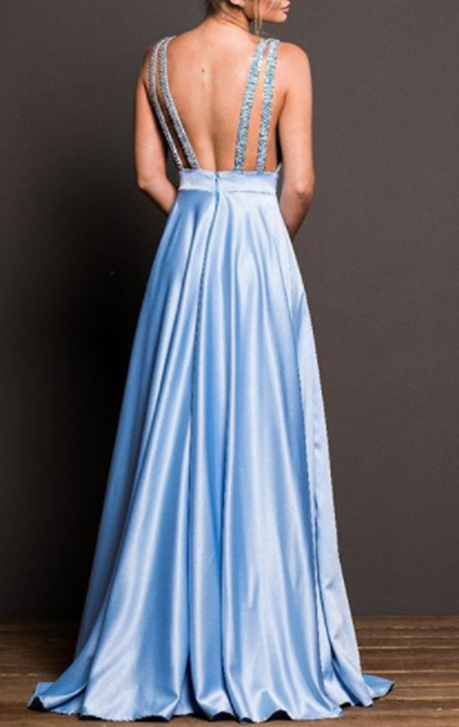 Macloth Long Sleeves Gold Lace Satin Prom Dress Sky Blue Formal Evening Gown US14 / Custom Color