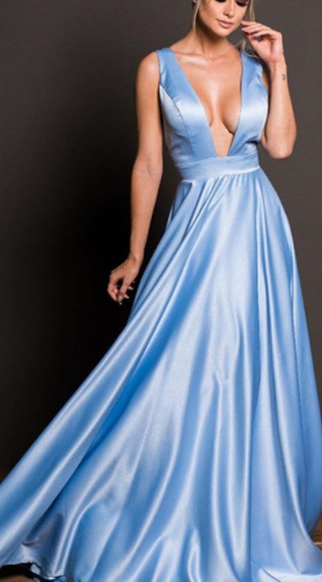 MACloth Deep V Neck Satin Long Prom Dress Sky Blue Formal Evening Gown