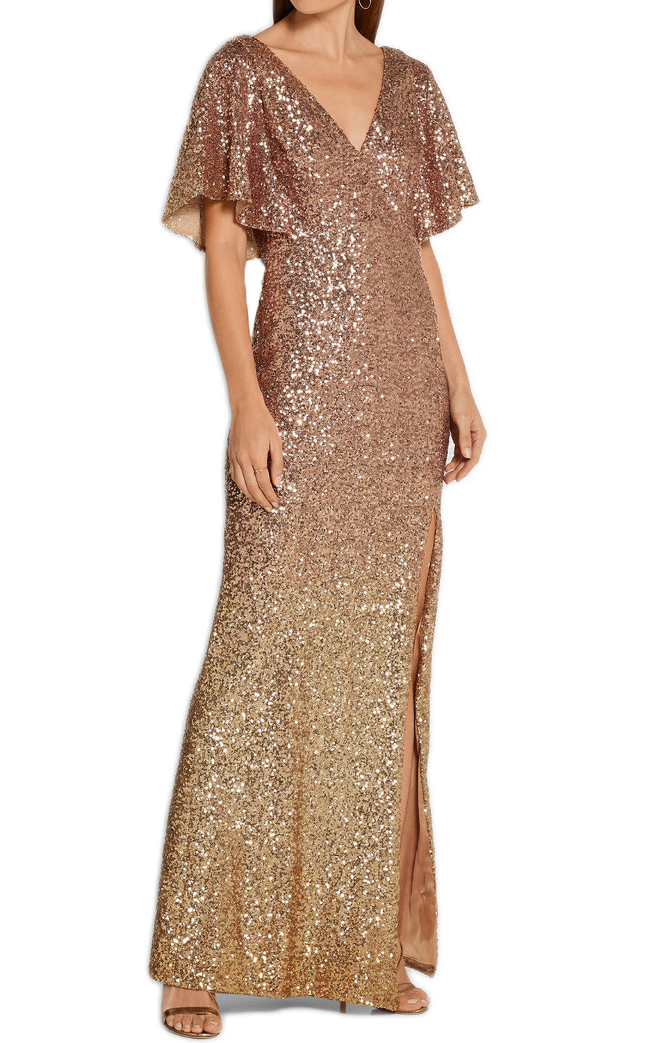 MACloth Kurzärmliges Abendkleid mit V-Ausschnitt, Pailletten und Schlitz in Gold