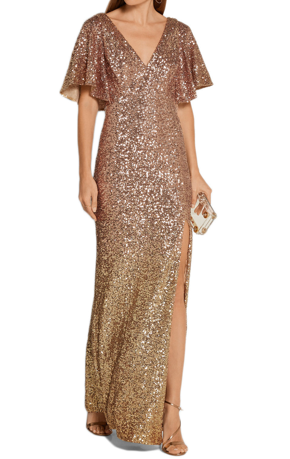 MACloth Kurzärmliges Abendkleid mit V-Ausschnitt, Pailletten und Schlitz in Gold